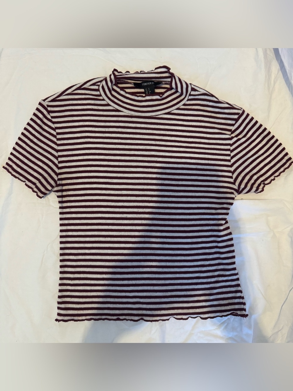 Forever 21 Burgundy & White Striped Lettuce-Edge Mock Neck crop top